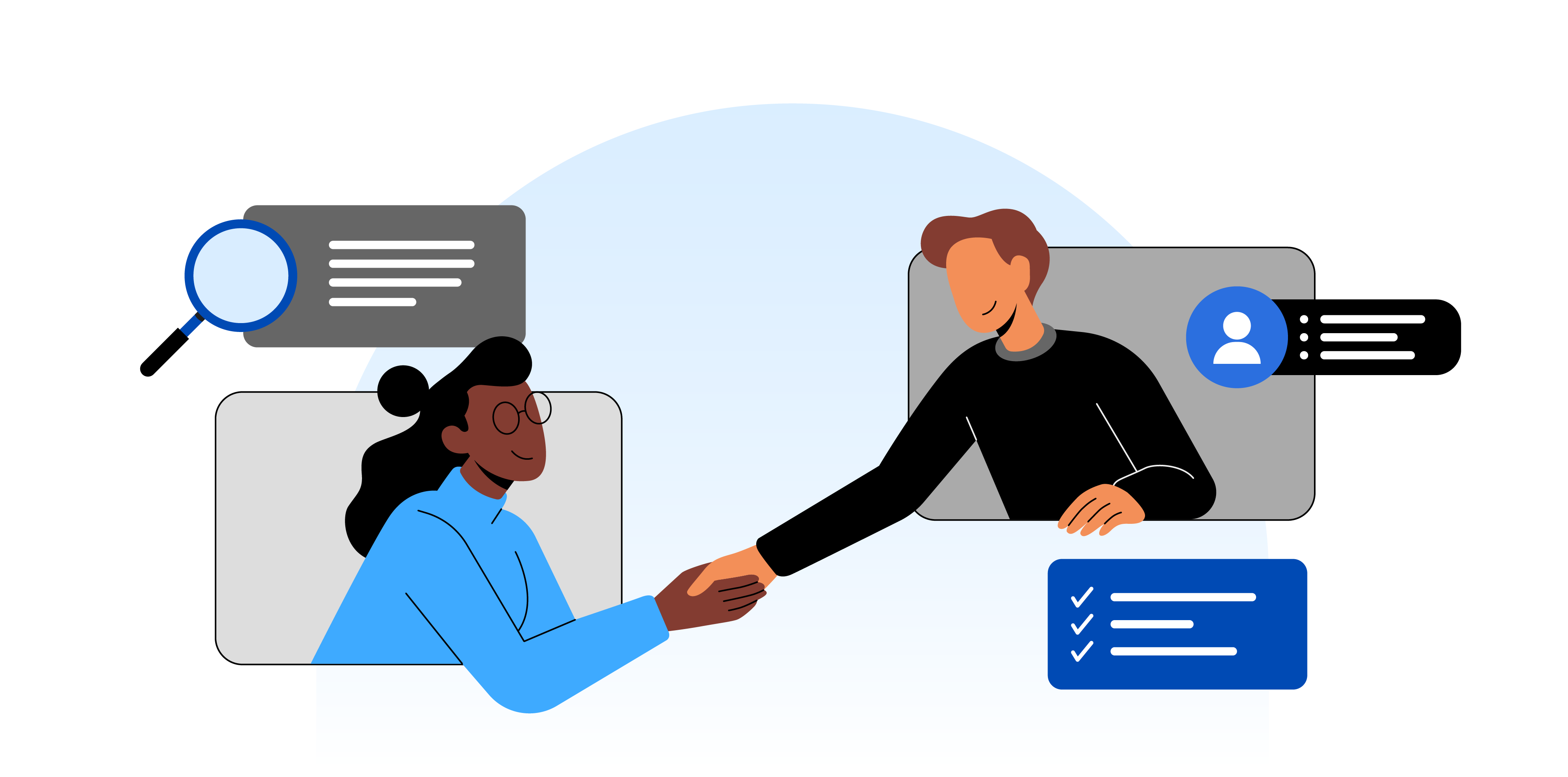 Illustration of two people shaking hands in a digital environment.